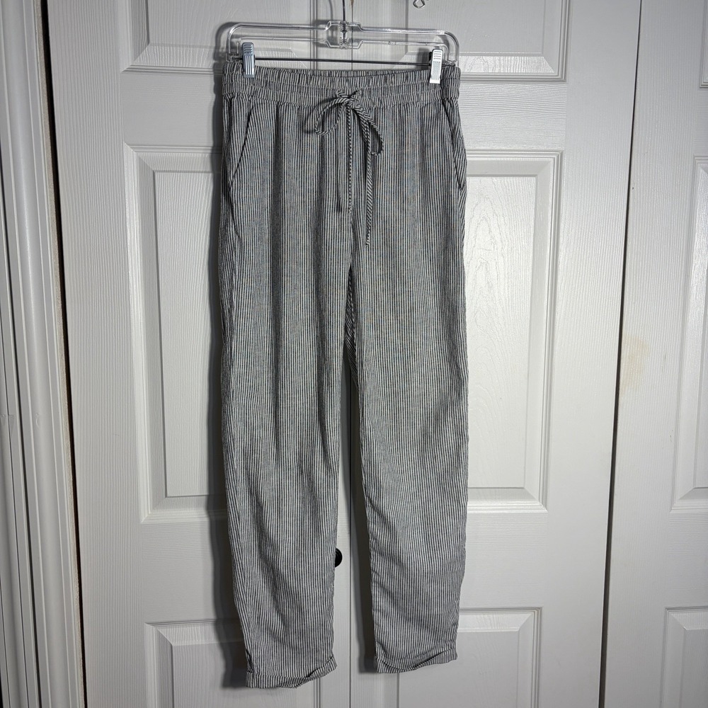 J Crew Pants Women 6 Tall Black Cream Striped Linen Cotton Blend Seaside Vibe